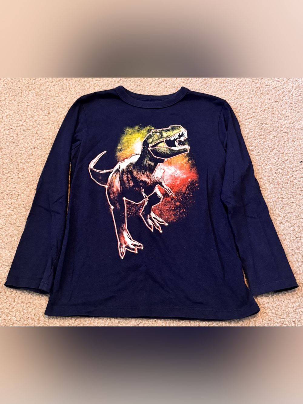 Navy Long-Sleeve Dinosaur Tee with Green & Orange Accents Size S (5/6)